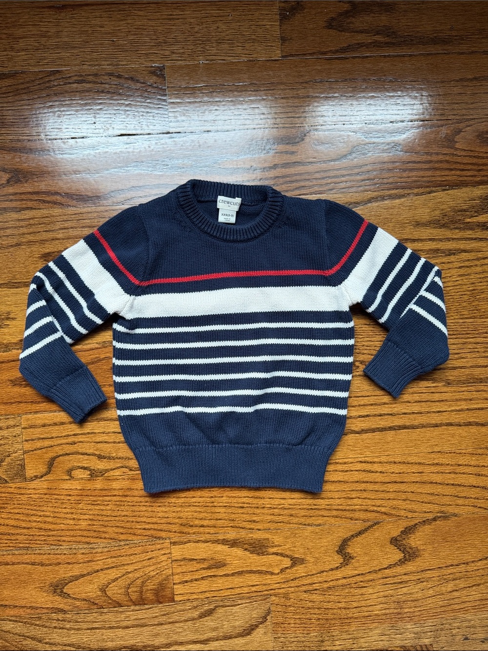 Crewcuts Navy Crewneck Sweater with White Stripes and Red Accent